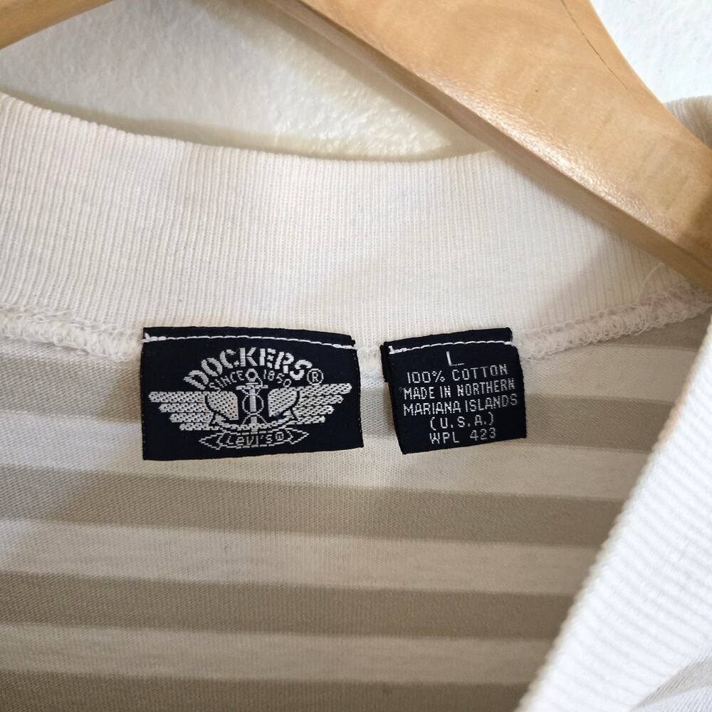 Vintage 80s Dockers Striped Shoulder Pad T-Shirt Boxy Tan White Cotton Knit L - Picture 6 of 6